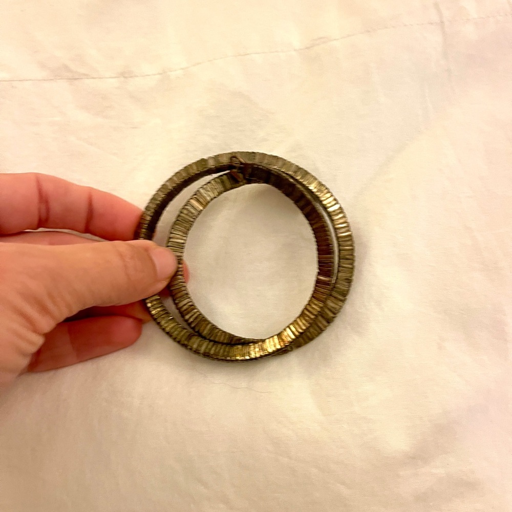 Antique Brass Tone Metal Beaded Wrap Cuff Ribbed Bracelet with Dangle Detail